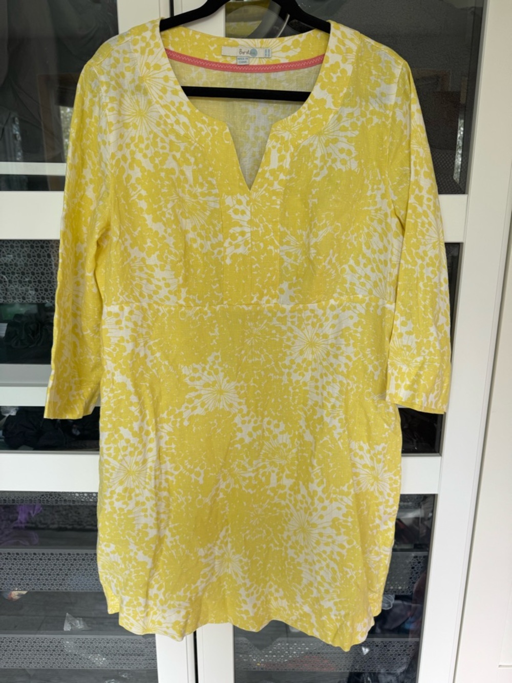 Boden Linen Yellow and White Floral Long Sleeve Dress, size 14R